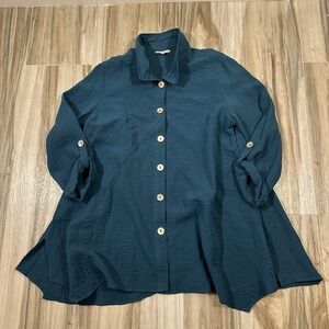 John Mark Blouse Green XL Tab Sleeve Wired Collar Lagenlook Boho Holiday Coastal